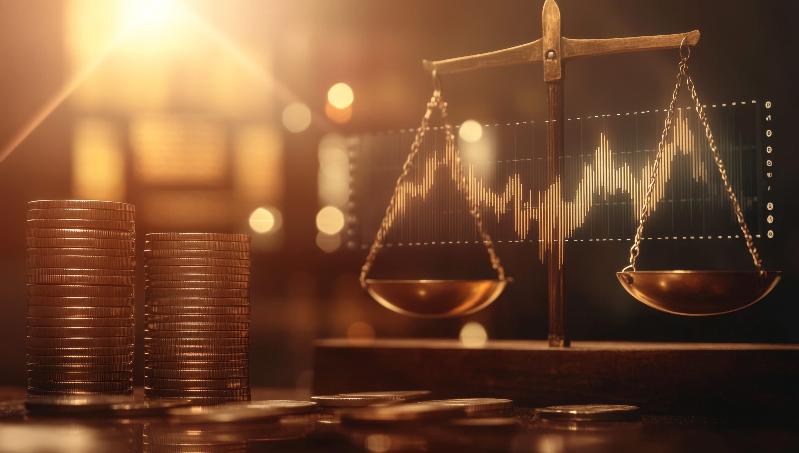 Financial equilibrium, scales of justice, and investment. A vintage scale, representing balance, sits amidst stacks of coins, with an overlaid stock chart